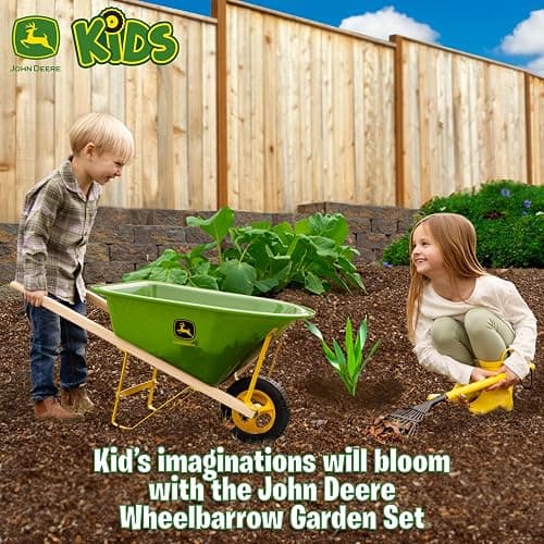 John Deere Deluxe 34" Wheelbarrow and Garden Set Includes 5 Realistic Gardening Tools,Gardening Apron, Gardening Gloves, Large Metal Wheelbarrow with Wooden Handles, Outdoor Toy Ages 5+ thumbnail 2