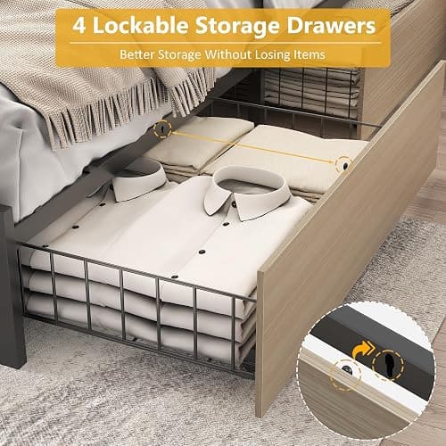 Lifezone Full Bed Frame with 2-Tier Storage Headboard, Metal Platform Bed Frame with 4 Storage Drawers, Built in Charging Station & LED, Noise-Free/Metal Support/No Box Spring Needed, Beige thumbnail 6