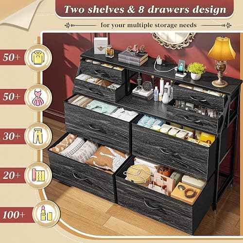 Romorgniz Dresser for Bedroom with Charging Station and LED, Sturdy Chest of Drawers with 8 Drawers and Two Open Shelves for Storage,Bedroom, Living Room,Hallway (Black) - Black thumbnail 4