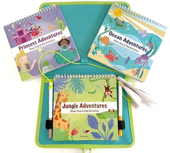 Totebook Kids Travel Educational Activity Book with Washable Markers - Car and Airplane Activities, Learning Toys for Toddlers- Reusable Stickers for Ages 4, 5, 6 (Jungle & 2 Extra Books) - Image 1