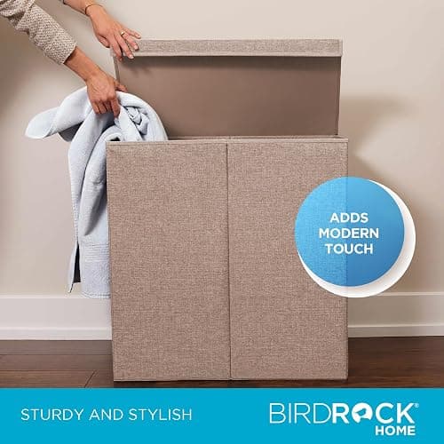 BirdRock Home Double Laundry Hamper with Lid and Removable Liners | Linen | Easily Transport Laundry | Foldable Hamper | Cut Out Handles thumbnail 4