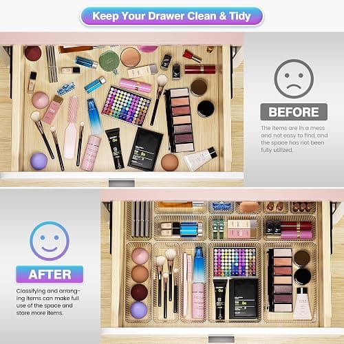 47 PCS Clear Plastic Drawer Organizer Set - 4 Sizes Makeup Organizer Desk Drawer Divider Bathroom Organizers and Storage Bins for Makeup, Jewelry, Gadgets, Office, Kitchen, Bedroom, Bathroom thumbnail 3