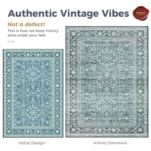 OPPODREAM Vintage Teal 2x10 Runner Rug, 2 x 10 Retro Washable Rug Non Slip, Low-Pile Faux Wool Carpet, Soft Distressed Floor Mat for Kitchen, Hallway, Entry-Way, Entrance, Indoor Back Door thumbnail 3