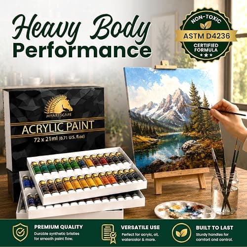 MyArtscape Heavy Body Acrylic Paint Set — 72 Colors x 21ml Artist Acrylic Paints with 3 Paint Brushes for Canvas, Wood, Fabric & Crafts | Rich Pigment Non-Toxic Professional Art Supplies for Adults & Beginners thumbnail 2