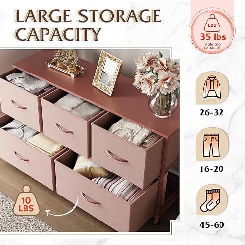WLIVE Dresser for Bedroom with 5 Drawers, Wide Chest of Drawers, Fabric Dresser, Storage Organization Unit with Fabric Bins for Closet, Living Room, Hallway, Pink and Rose Gold thumbnail 5