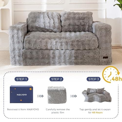 MAXYOYO Loveseat Sofa Couch, Upholstered Bean Bag Chair Cloud Seat | Boneless Couch with Cushion & Pillows, Sofa in A Box, No Assembly Required, Ash Grey, 2-Seat thumbnail 7