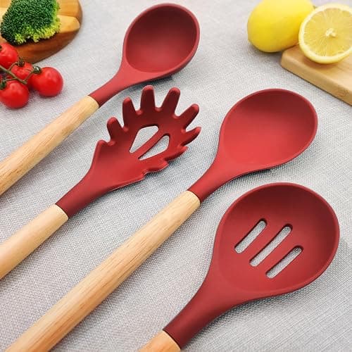 Kitchen Utensils Set 12 Pieces Nonstick Silicone Cooking Utensils Wood Handle Silicone Cooking Utensils Set with Holder Dishwasher Safe BPA Free(red) thumbnail 2