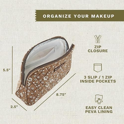 Bella Taylor Large Quilted Cotton Makeup Pouch for Women, Travel Cosmetic Bag, Quilted Cotton Vintage Vine Brown Floral thumbnail 2