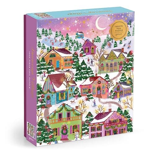 Galison Snowcap Village – 1000 Piece Foil Joy Laforme Jigsaw Puzzle Featuring Beautiful Artwork of Snowcapped Village During Christmas - Image 1