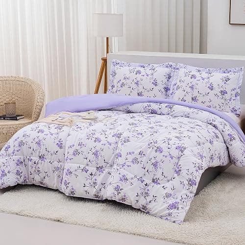 Mooreeke Floral Queen Size Comforter Sets, Lightweight Purple Lavender Botanical Printed Bedding for All Seasons, 3-Piece Vintage Bed in a Bag with Fluffy Quilted Reversible Comforter & 2 Pillow Shams thumbnail 5