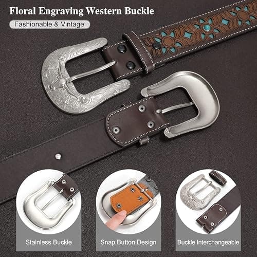 XZQTIVE Women Men Genuine Leather Belt Vintage Ladies Western Belt Engraved Tooled Leather Belt Cowboy Cowgirl Country Belt thumbnail 6
