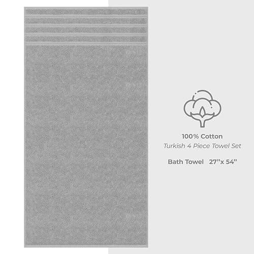 American Soft Linen Luxury 4 Piece Bath Towel Set, 600 GSM 100% Cotton Turkish Bath Towels for Bathroom, 27x54 in Large Bathroom Shower Towels, Light Grey thumbnail 4