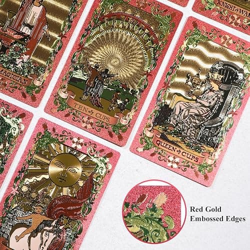 EGCUQ 78 Pink Tarot Cards with Guide Book,Gold Foil Rider Waite Tarot Deck PVC for Beginners to Expert (Pink) thumbnail 4