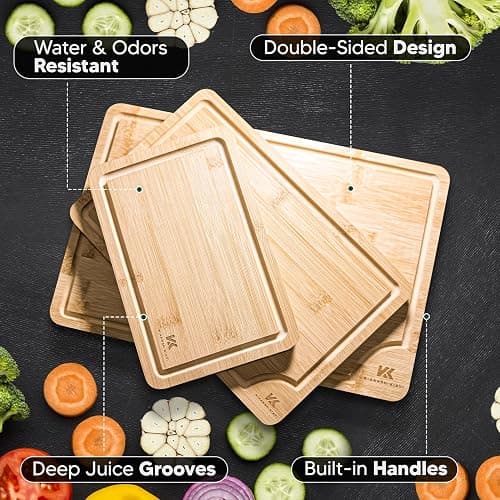 Kiaansh-Kiavi Wood Cutting Boards for Kitchen-Bamboo Cutting Board Set of 3, with Juice Grooves, Thick Chopping Board handles., Large, Natural thumbnail 3