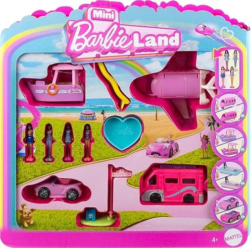 Barbie Mini BarbieLand 4-Pack Doll & Toy Vehicle Set with 4 Barbie Mini Dolls (1.5-inch) & 4 Iconic Vehicles with Color-Change Surprise - Image 1