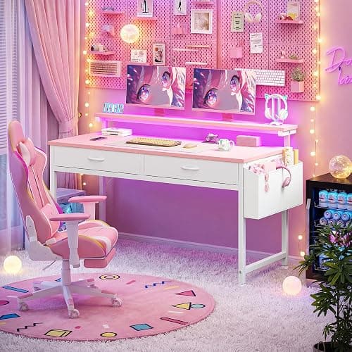 DurayLoly 31Inch Small Computer Desk with LED Lights & 2 Fabric Drawers, Gaming Desk with Side Pocket & Ergonomic Monitor Stand, Small Space Study Writing Table with Anti-Tip Design,Pink thumbnail 5