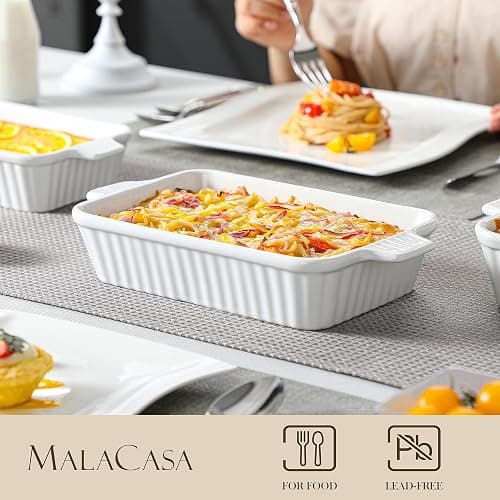 MALACASA Casserole Dishes for Oven, Porcelain Baking Dishes, Ceramic Bakeware Sets of 4, Rectangular Lasagna Pans Deep with Handles for Baking Cake Kitchen, White (9.4"/11.1"/12.2"/14.7"), Series thumbnail 2