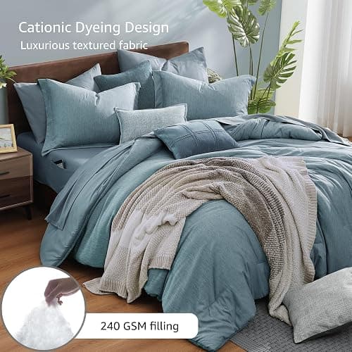 Monbix Full Size Comforter Set-7 Pieces Dusty Blue Cationic Dyeing Bed in a Bag Full Bedding Sets with Comforter, Sheets, Pillowcases & Shams, All Season Reversible Bedding Comforters thumbnail 3