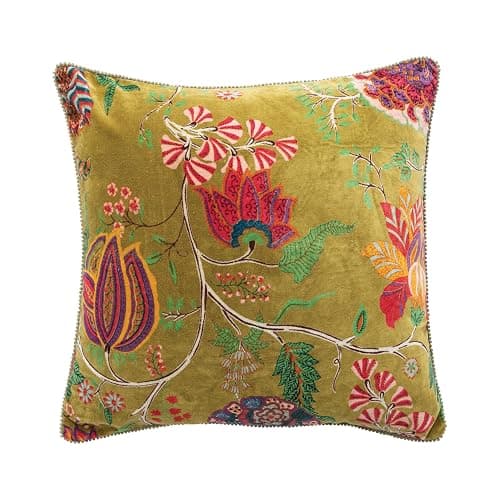 Creative Co-Op Cotton Blend Velvet Printed Pillow with Flowers and Mini Pom Pom Trim, Multicolor thumbnail 4