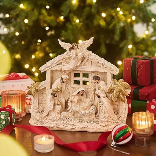 Valery Madelyn Christmas Nativity Figurines with LED Lights, Large White Gold Holy Family Nativity Scenes Resin Manger for Xmas Indoor Home Table Fireplace Holiday Decorations, 10.6 Inch Tall thumbnail 6