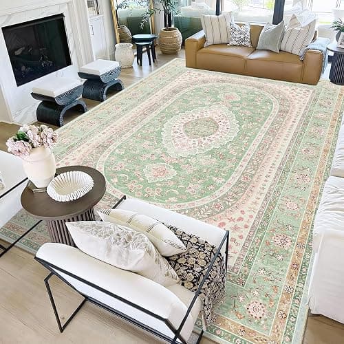 Castage 9x12 Area Rugs Washable,Green Rug for Living Room Bedroom Dining Room,Large Boho Vintage Bohemian Distressed Oriental Carpet Non Slip,Sage Blush Floral thumbnail 3