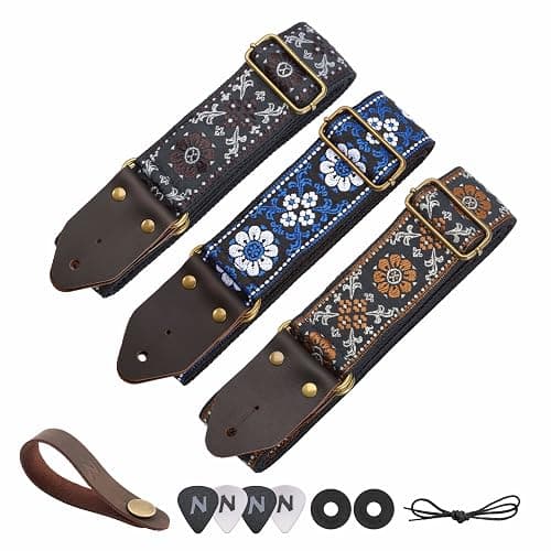 Nefelibata Guitar Strap,Jacquard Embroidery Cotton Guitar Straps with Crazy Horse Leather Ends for Bass, Electric & Acoustic, Best Gifts for Kids, Guitarists(Brown flower embroidery) thumbnail 7