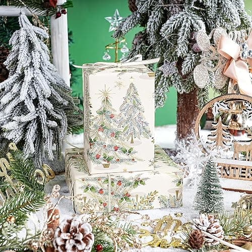 RUSEPEA Luxury Christmas Tree Wrapping Paper Roll, Mini Roll, Elegant Gold Foil Xmas Tree Gift Wrap Paper for Holiday Gifts, Party, DIY Crafts (17in x 16.4ft) thumbnail 3