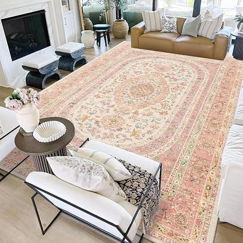 Castage 9x12 Area Rugs Washable,Pink Rug for Living Room Bedroom Dining Room,Large Boho Vintage Bohemian Distressed Farmhouse Carpet Non Slip,Blush Floral thumbnail 3