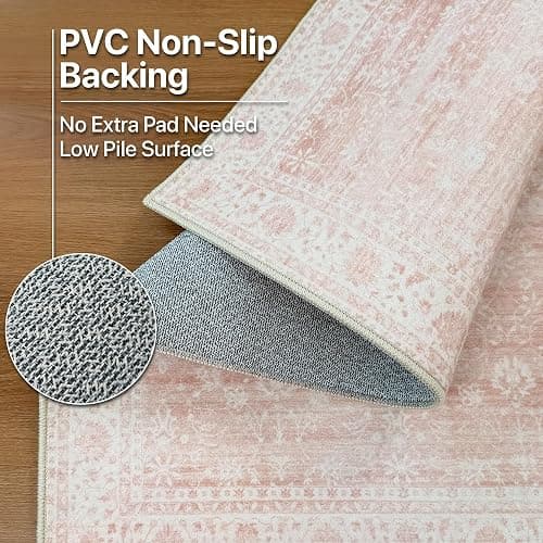 BESBLEE 5x7 Area Rugs for Living Room, Machine Washable Rug, Non Slip Vintage Rugs, Low Pile Lightweight Print Rug for Bedroom, Dining Room, Home Office, Pink thumbnail 6