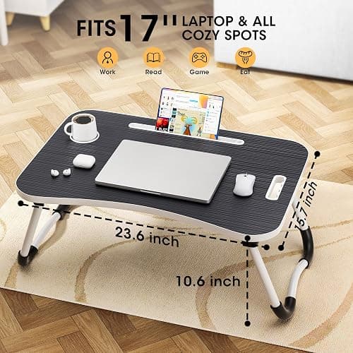 Frpufi Folding Lap Desk, 23.6 Inch Wood Laptop Bed Desk with Cup Holder, Portable Bed Table for Working Writing Reading & Eating for Bed, Sofa, Couch, Floor - Black thumbnail 2