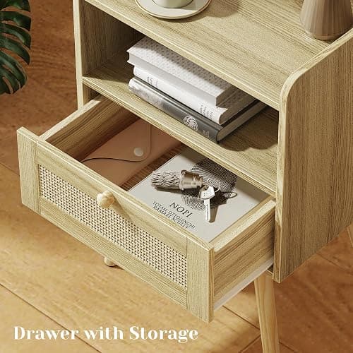 SUPERJARE Nightstands Set of 2, Night Stands with Charging Station & PE Rattan Decor Drawer, Bed Side Tables with Solid Wood Feet, End Table, for Bedroom, Living Room - Natural thumbnail 5