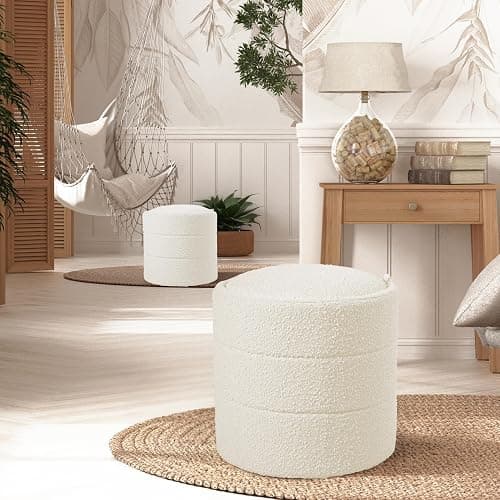 HomePop Storage Round Ottoman with Removable Lid |Homepop Home Décor|Upholstered Round Foot Rest Ottoman - Cream Boucle thumbnail 5