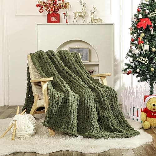 WESHIONGOO Chunky Knit Blanket Throw 51"×63" Knitted Throw Blankets for Couch Bed Fluffy Soft Blanket with Jumbo Chenille Yarn Thick 100% Handmade (Olive Green) thumbnail 9