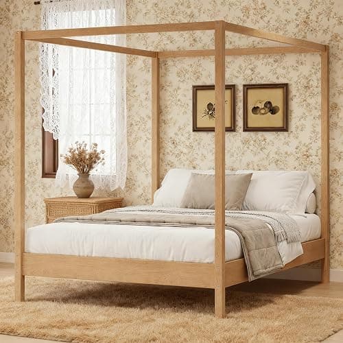 JIJIWANG Solid Wood Queen Size Canopy Bed Frame Four Poster Platform Bed with Slats Support,Wood Canopy Bed Queen 4 Poster Ded Frame No Box Spring Needed,Natural thumbnail 3