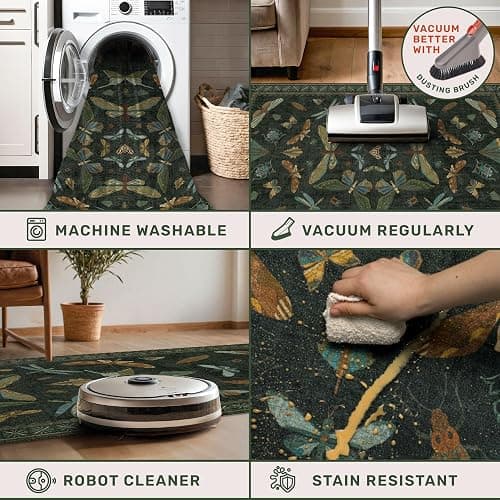 Dark Green 4x6 Washable Area Rug for Living Room, Bedroom, Large Entryway, Kitchen, Ultra Soft Non Slip Stain Resistance, Floral Forest with Brown Aethestic Design thumbnail 4