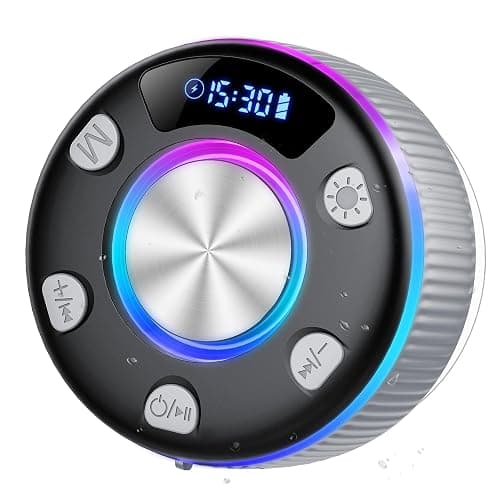 Bluetooth Shower Speaker, Portable Bluetooth 5.3 Speakers Wireless with Time Display, IP7 Waterproof Speakers with RGB Light, Suction Cup, Mini Stereo Speaker for Bathroom Party Beach Gifts, Grey - Image 1
