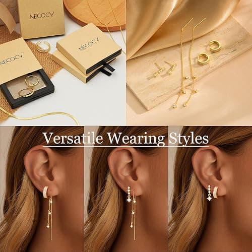 NECOCY Christmas Gift 14K Gold Plated Chain Earrings for Women 3/4 Pairs Dangle Dainty Stack Hoop Earrings Set Trendy Cubic Zirconia Stud Earrings for Women Jewelry thumbnail 3