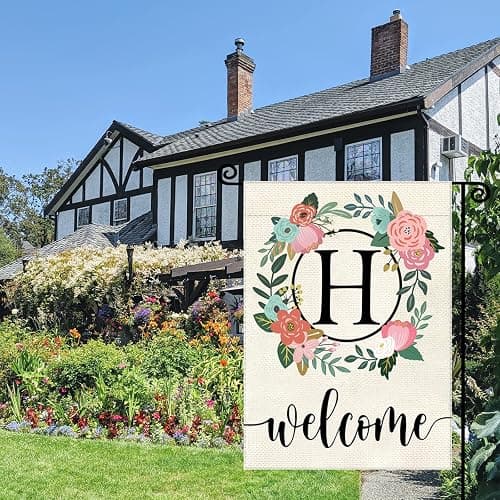 YeeCASE Monogram Letter Garden Flag Floral 12x18 Inch Double Sided for Outside Small Burlap Family Last Name Initial Yard Flag (H) thumbnail 7