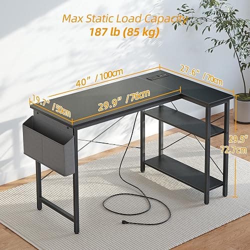 TIQLAB Small L Shaped Desk with Power Outlets - 40 inch Gaming Corner Computer Desk Writing Table, Reversible Large Storage Shelves, Bookshelf Workstation for Study Play Work Home Office, Black thumbnail 3