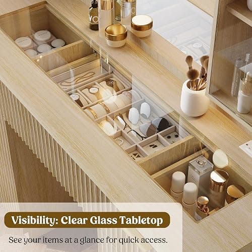 Fluted Makeup Vanity Desk with Mirror and Lights, Glass Top 48" Wood Vanities w/Charging Station , Dressing Table w/3 Drawers & 2 Large Storage Cabinets, Dustproof Organizer for Bedroom Gift(Natural) thumbnail 5