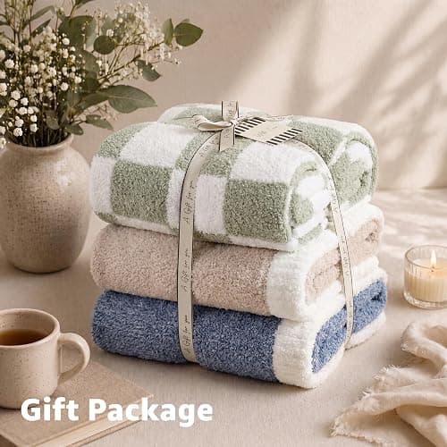 WRENSONGE Soft Checkered Throw Blanket for Couch-Cozy Warm Knitted Blankets | Lightweight Warm Fluffy Decor for Women, Mom, Her & Girls, Sofa, Chair, Bed, 50x70in,Light Grey thumbnail 8