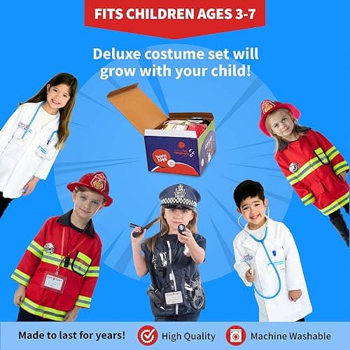 Born Toys 3-in-1 Toddler Dress Up Clothes for Boys & Girls Ages 3-7, Police, Firefighter and Doctor Pretend Play Set with Toy Accessories, Washable Costumes for Kids Career Day Outfit, Gift Ready Set thumbnail 6