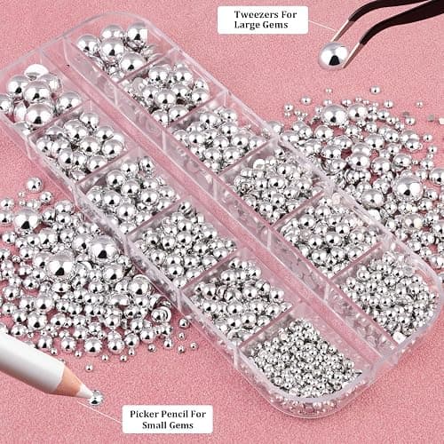 Belleboost Silver Nail Charms and Gems, 2 Boxes Half Round Flatback Pearl Nail Charms, Nail Pearls Rhinestones Silver Beads for Nails with Pencil and Tweezer for DIY Nail Art, Face Makeup and Crafting thumbnail 3