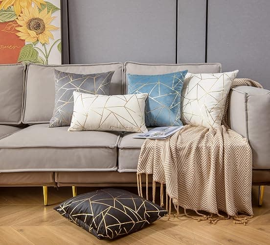 YONGLIU Pack of 2 Velvet Lumbar Throw Pillow Covers Velvet Decorative Soft Gold Foil Geometric Pattern Cute Cushion Case for Modern Homes Sofa Couch Bedroom Living Room Car (White and Gold, 12“X20”) thumbnail 6