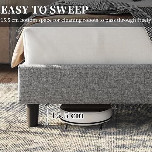 Yaheetech 4ft6 Double Bed Frame, Upholstered Headboard, Light Grey | Premium Linen-Fabric, Square Tufted & Adjustable Height Headboard, Solid Slats, Ideal for Bedrooms, Apartments and Guestrooms thumbnail 7
