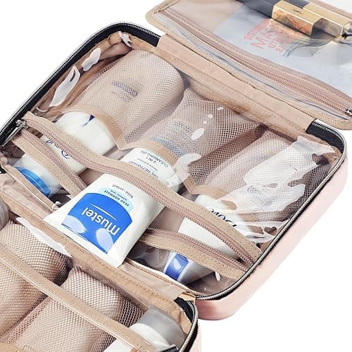 NISHEL Travel Toiletry Bag for women, Portable Hanging Organizer for Travel-Sized Shampoo, Conditioner, Brushes Set, makeup Accessories, Medium Size, Pink - Medium - Pink thumbnail 6