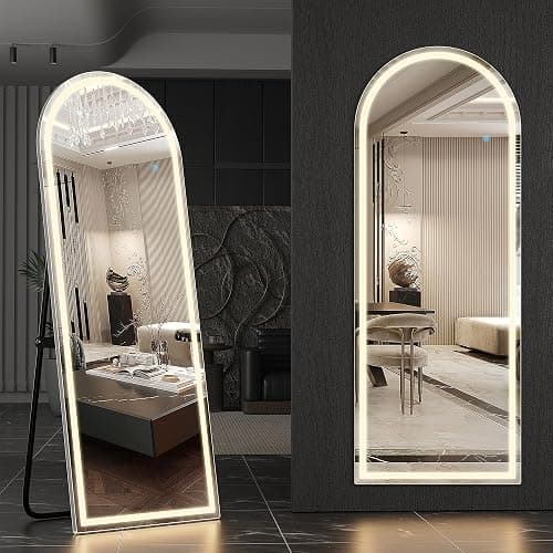 Arched Full Length Mirror with LED Lights, 63"x20" Body Floor Mirror with Dimming & 3 Color Lighting, LED Mirrors for Home Decor, Tall Arch Aluminum Frame Mirrors for Bedroom Cloakroom - Image 1