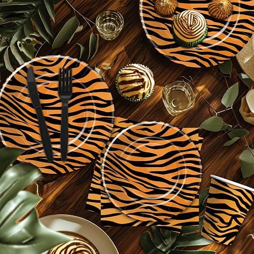 Xenorik Tiger Print Birthday Party Supplies Decorations Tableware Serves 24 | Safari Jungle Texture Theme Tiger Animal Print Party Decorations, Disposable Paper Plate, Cup, Napkin, Cutlery, Tablecloth thumbnail 5