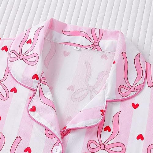 APRTEAK Women's 2 Piece Bow Pajamas Set Pink Pjs Cute Pj Set Summer Coquette Short Sleeve Button Down Lounge Sets Sleepwear thumbnail 3