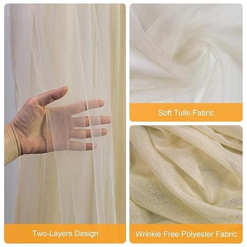 Fomcet Champagne Backdrop Curtains with Lights String 10X10FT Polyester Fabric & Tulle Curtains Backdrop Drapes for Back Drop Photoshoot Baby Shower Birthday Party Decor 2 Panels 5x10FT thumbnail 2